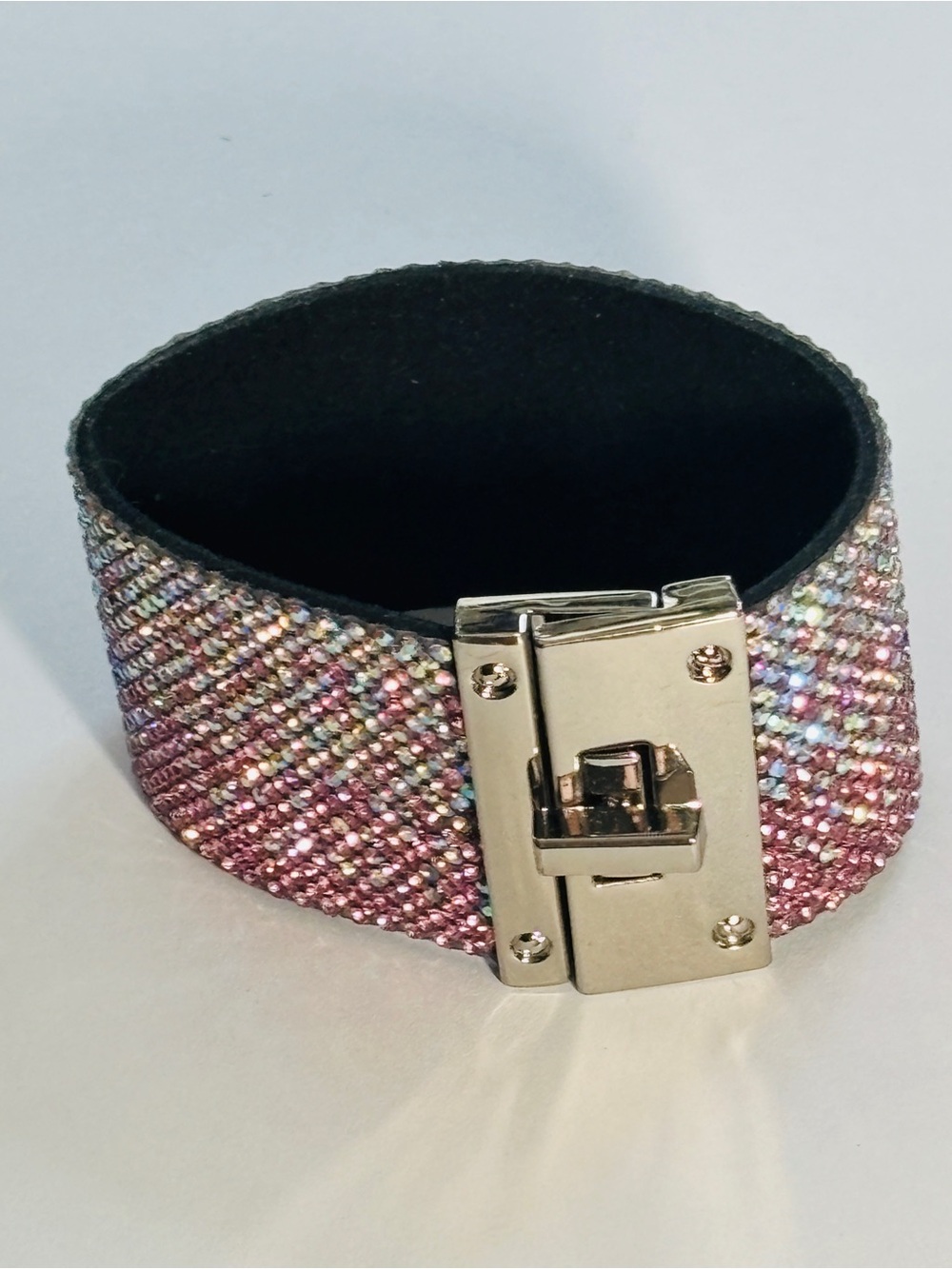 Jacqueline Kent Pink AB Rhinestone Wide Cuff Bracelet Silver Tone Statement 7.5” - Picture 8 of 12